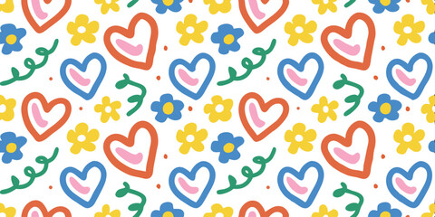 Whimsical Hearts and Flowers: A joyful and playful composition features hand-drawn hearts, vibrant flowers, and playful swirls, creating a seamless pattern that evokes happiness and warmth.