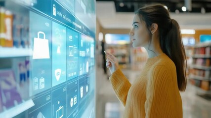 Woman exploring interactive digital touchscreen technology in modern store, engaging with futuristic shopping interface and digital experience