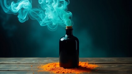 Teal Smoke Rising from Dark Bottle on Orange Powder Wooden Table 1