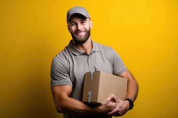 Delivering Service: A smiling, athletic man in a gray uniform confidently holds a package against a striking yellow background. Highlighting the efficiency and reliability of delivery services.