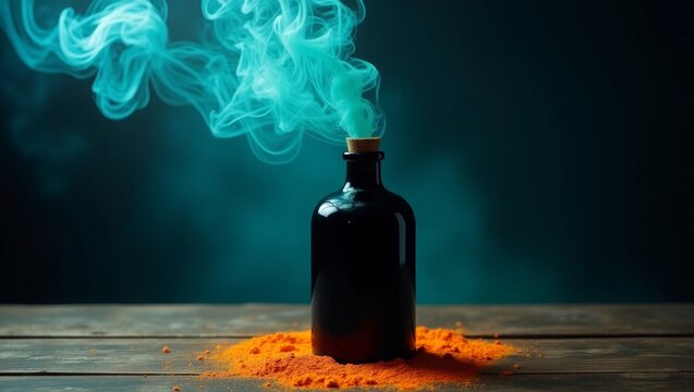 Teal Smoke Rising from Dark Bottle on Orange Powder Wooden Table 1