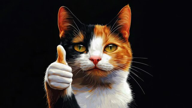 Calico cat giving a thumbs up sign, suggesting trust, positivity and friendliness.