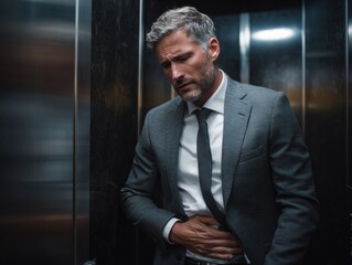 Anxious Businessman in the Elevator: An image of a man in a suit, looking concerned while holding his stomach inside an elevator.