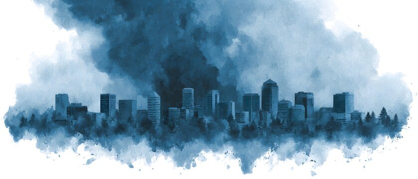 A watercolor-style cityscape with dark smoke rising above the skyline, blending urban architecture with a moody, atmospheric effect.