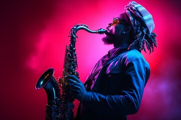 Stylish black man with dreadlocks playing saxophone under vibrant neon lights