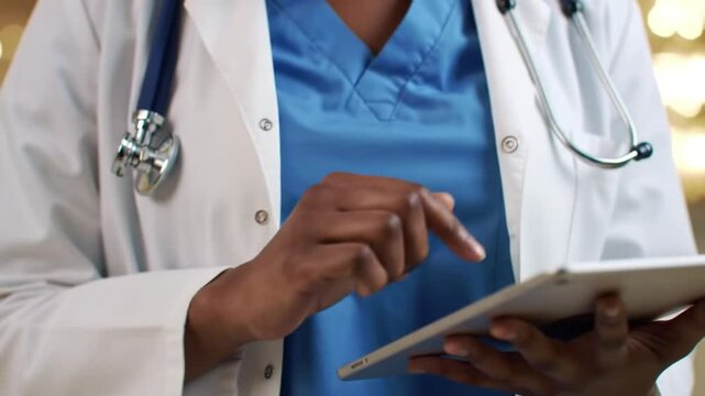 Doctor Using Tablet Close-Up, Medical Professional Reviews Digital Records, Healthcare Tech