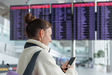 A person wearing a cozy jacket looks at their smartphone while standing near a large display board showing flight information at the airport. The environment is bright and modern.