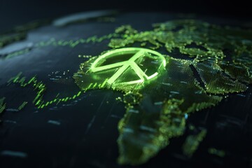 Global map with glowing peace symbol between Iran and Israel, stock market graphs surrounding map, hope in global markets.