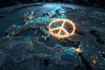 Global map with glowing peace symbol between Iran and Israel, stock market graphs surrounding map, hope in global markets.