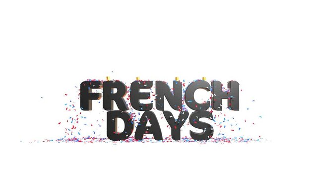 Titre FRENCH DAYS sur fond blanc avec  jet de confettis  tricolore - Animation de rendu 3D