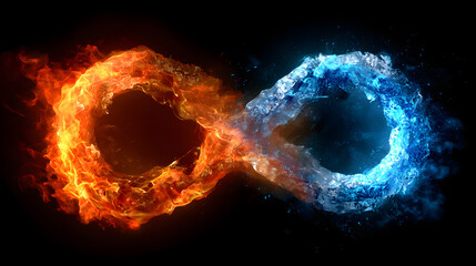 Fiery and icy infinity symbol representing contrast and balance in abstract design