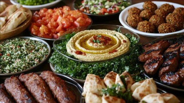 A variety of Middle Eastern foods including hummus, falafel, shawarma, kebab, and mezze dishes with pita bread.