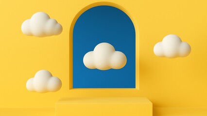 Minimalist Yellow Stage with Blue Arch and Floating White Clouds Perfect for Product Display or Abstract Backgrounds and Creative Presentations 3D