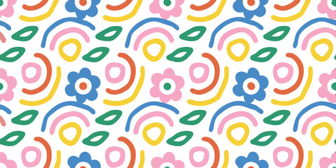 Playful Floral Pattern: A vibrant and colorful pattern of whimsical flowers, rainbows, and leaves, designed to add a touch of joy and nature's beauty to any project. 