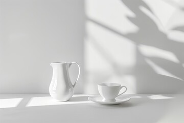 Fototapeta premium Minimalist image. White jug and cup with saucer on a white surface, casting shadows. Leaf shadows on the white background.