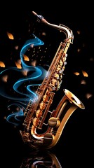 Obraz premium Golden saxophone with swirling blue smoke and glowing embers on black background