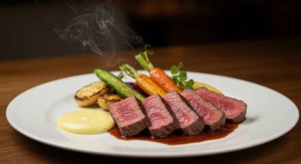 Fototapeta premium Plated dish with sliced steak, roasted vegetables, sauce, and steam, on a white plate atop a wooden surface.
