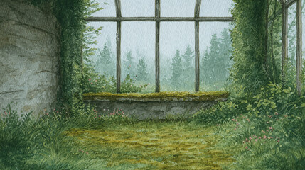 Discover a Serene Interior Landscape: A Lush Retreat Embraced by Nature Through an Abandoned Window.