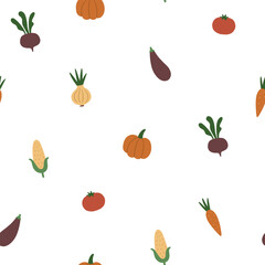 Cute seamless pattern. Hand-drawn vegetables: beetroot, onion, pumpkin, eggplant, tomato, corn, carrot. Vector illustration on a white background in a flat style