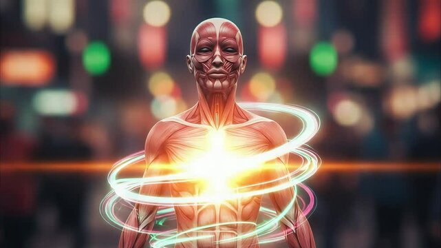 Anatomical figure stands confidently in a bustling urban environment, glowing heart symbolizing vitality amidst blurred city life