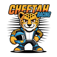 Cheetah Racing Mascot Holding Helmet