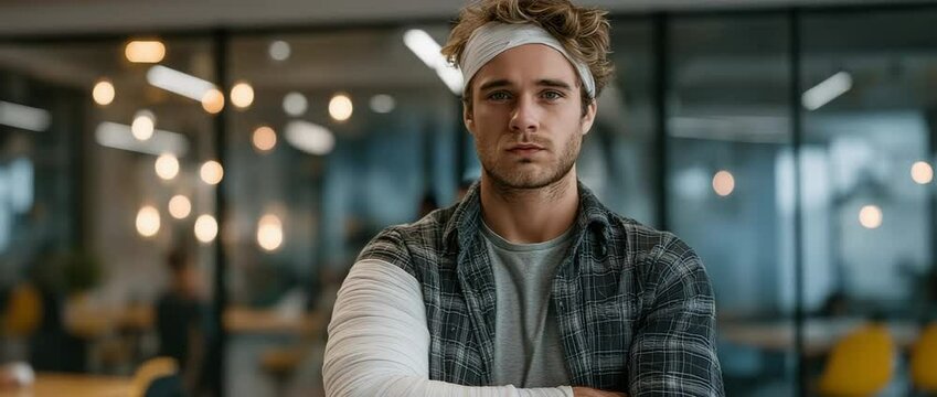 A young injured man's portrait standing in an office with his head wrapped and his arm in a plaster cast following an accident