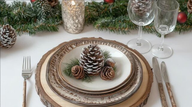 Festive dinnerware includes holiday-themed plate, cutlery, and glasses set up for two.