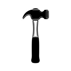 Claw Hammer Icon - Black Silhouette on White. A clear and distinct black silhouette icon of a claw hammer, set against a clean white background