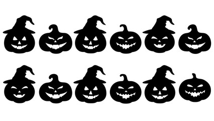 Set of black pumpkins in hats silhouette on tranparent background