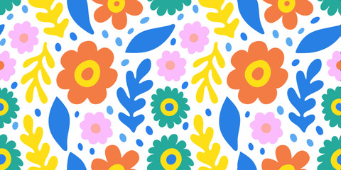 Floral Fantasy: A vibrant and colorful seamless pattern of stylized flowers and leaves in a cheerful array, perfect for adding a touch of nature-inspired delight.