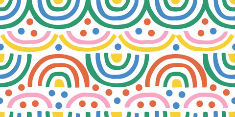Colorful Rainbow pattern: A vibrant pattern that combines playful arc shapes with dots. Using a cheerful color palette to create a cheerful, positive design.