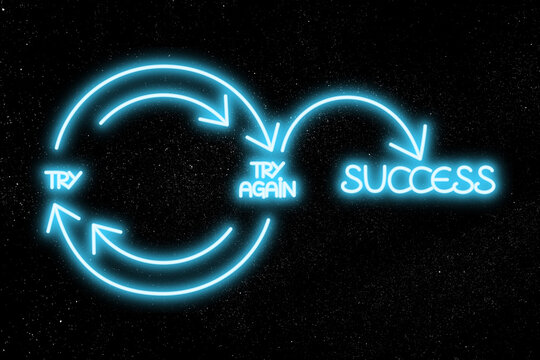 success formula, try and try again loop, blue neon illustration