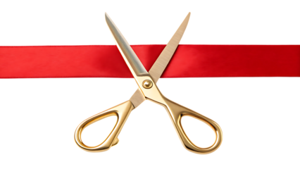 Golden scissors cutting red ribbon - grand opening concept on transparent background