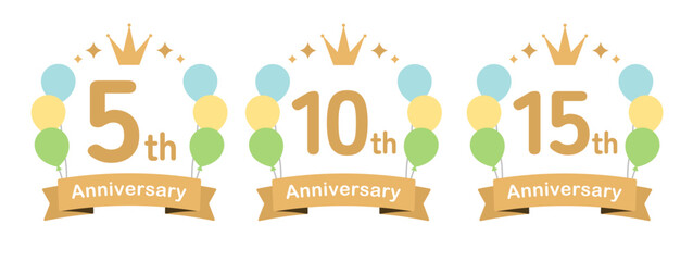 風船のかわいいアニバーサリーロゴのセット（ベクター 周年記念 お祝い ロゴ イラスト 5周年 10周年 15周年 ）