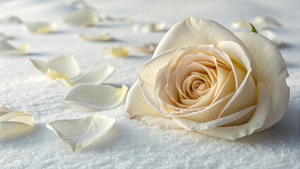A Delicate White Rose Adorned with Dew Drops on a Bed of Snow