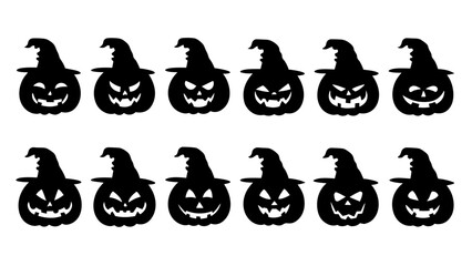 Set of black pumpkins in hats silhouette on tranparent background
