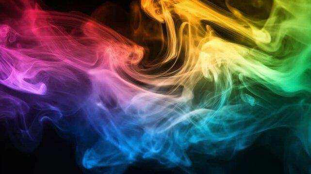 Vibrant colorful smoke blends and swirls in an artistic display, creating abstract shapes and patterns against a dark backdrop