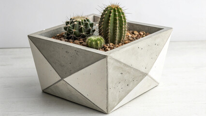 Geometric Concrete Planter With Cacti and Succulents Arrangement