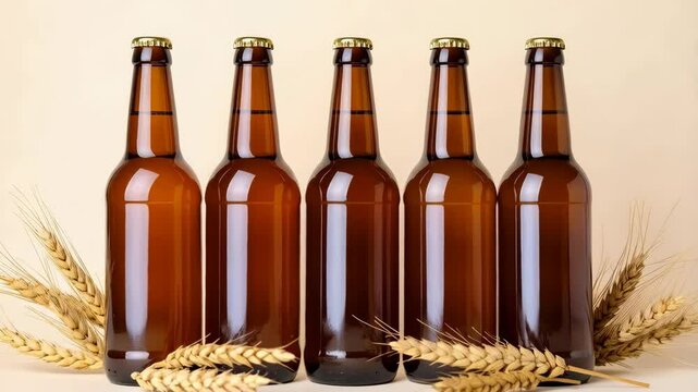 Five brown glass bottles with gold caps arranged in a row with wheat sheaves, simple background, studio shot, beverage concept