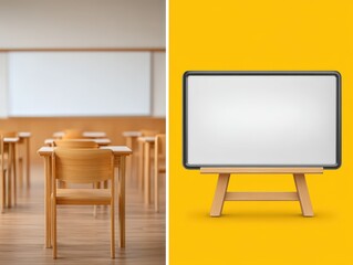 Classroom setting with wooden chairs and an easel whiteboard on a bright yellow background creating a cheerful and inviting educational atmosphere emphasizing learning and intellectual engagement