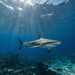 Fototapeta premium Blue Shark Gliding Gracefully Through Crystal-Clear Ocean Depths