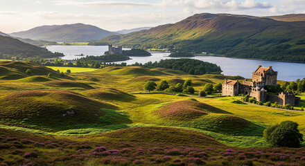 Eilean Donan Castle sits majestically amidst the rugged beauty of the Scottish Highlands, framed by hills and a tranquil loch.