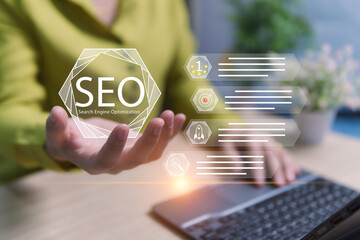 Virtual SEO Concepts in the Hands of Businesswomen Optimizing Websites for Easy Searching Increase Business Opportunities to Reach Target Groups and Become More Known Online Marketing Strategies