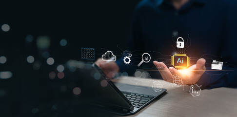 Smart businessmen study, learn, analyze and find information about trends and directions of industrial machinery marketing business through AI technology, artificial intelligence for the future.