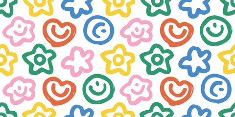 Fototapeta premium Joyful Pattern of Shapes: A vibrant array of hand-drawn smileys, stars, clouds and hearts create a playful and cheerful design, celebrating positivity.