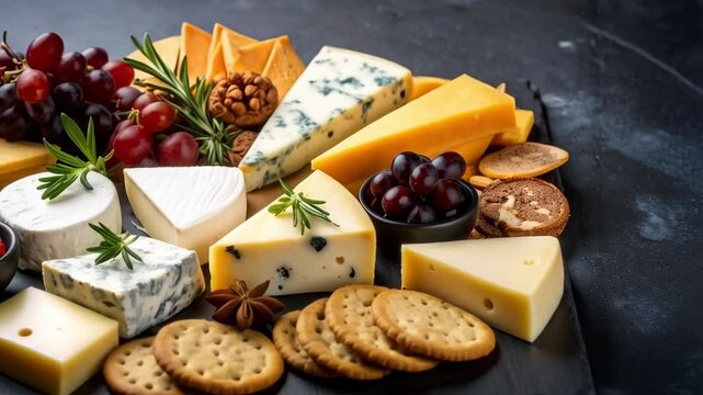 Appetizing Cheese Platter Displayed on Dark Surface with Crackers, Nuts, Grapes, and Jams, Featuring Variety of Cheese Types and Accompaniments.