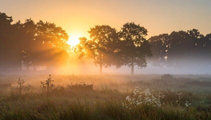 Naklejka premium Golden Sunrise Illuminates the Misty Meadow at Daybreak