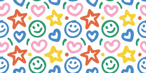 Joyful Pattern: A vibrant, repetitive pattern of hearts, stars, and smiley faces, creating a whimsical and cheerful design.
