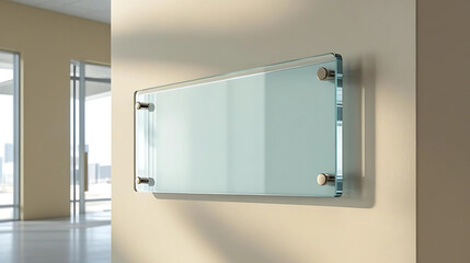 Blank glass nameplate design mockup, Signplate mock up on the wall near office entrance interior. Signage panel door number template.