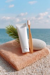 Obraz na płótnie Canvas White Toothpaste Tube and Gold Toothbrush on Beach Towel